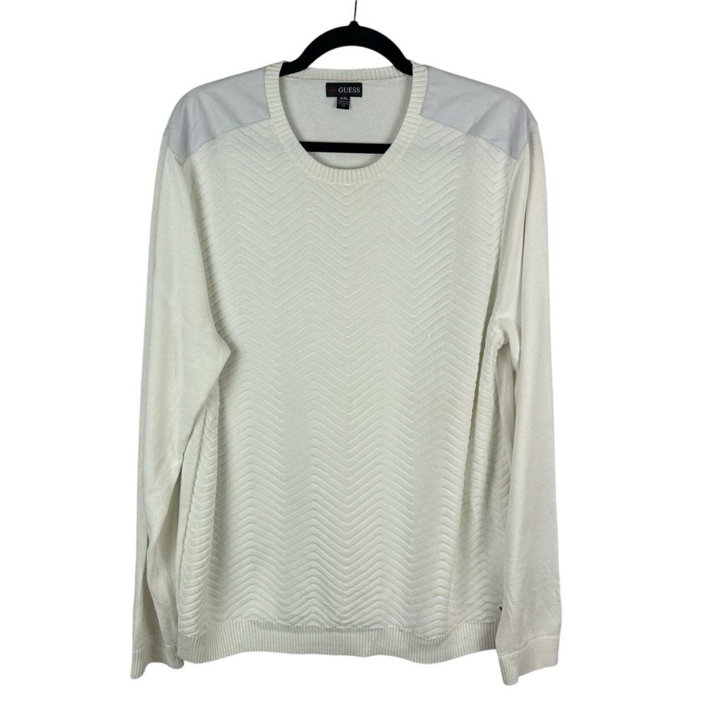Guess Cotton Chevron Faux Leather Shoulder Sweater XL White